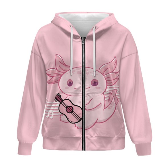 SCRAWLGOD Music Axolotl Zip Up Hoodie for Women Oversized Graphic Sweatshirt Long Sleeve Activewear Women Jacket Soft Ladies Hoodies Zip Front Size S for Vacation