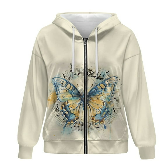 SCRAWLGOD Music Butterfly Women's Light Weight Zip Up Hoodies for Women Oversized Long Sleeve Sweatshirt Womens Hoodie Graphic Loose Sweater Hoodie Women Party Size 4XL