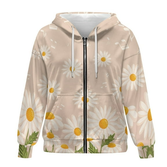 SCRAWLGOD Music Daisy Hoodies for Women Zip Up Hoodie Women Trendy Outfits Long Sleeve Women Oversized Jacket Casual Hooded Sweater Women Office Size XS