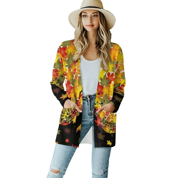 SCRAWLGOD Music Maple Leaf Cardigans for Women Trendy Fall Cardigan Sweaters for Women Long Sleeve Lounge Cardigans for Women Size S Breathable Womens Sweater Jacket Cardigan
