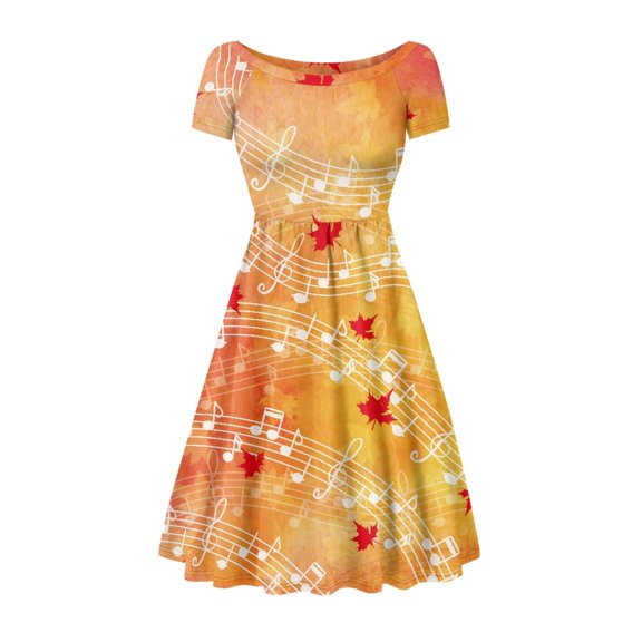 SCRAWLGOD Music Maple Leaf Dress for Women Summer Midi Dresses for Women Casual Short Sleeve Elastic Swing Dresses for Women Knee Length Size XL Round Neck for Thanksgiving Day