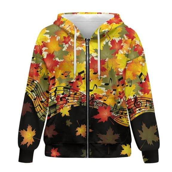 SCRAWLGOD Music Maple Leaf Womens Hoodie Zip Up Lightweight Hooded Sweatshirt with Zipper Long Sleeve Women Clothes Trendy Comfy Oversize Sweatshirt Women Size L for Thanksgiving