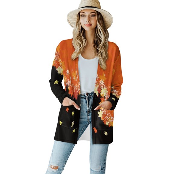 SCRAWLGOD Music Maple Leaf Womens Light Weight Cardigan Sweaters Long Sleeve Sweater Jacket for Women Long Size 2XL Elastic Work Cardigan for Women Thanksgiving Fall