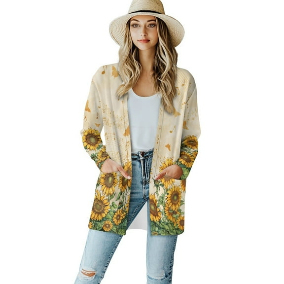 SCRAWLGOD Music Sunflower Cardigan Jackets for Women Trendy Clothes Outfits Work Long Sleeve Sweatshirt Cardigan for Women with Pockets Size L Elastic Sweater Jacket