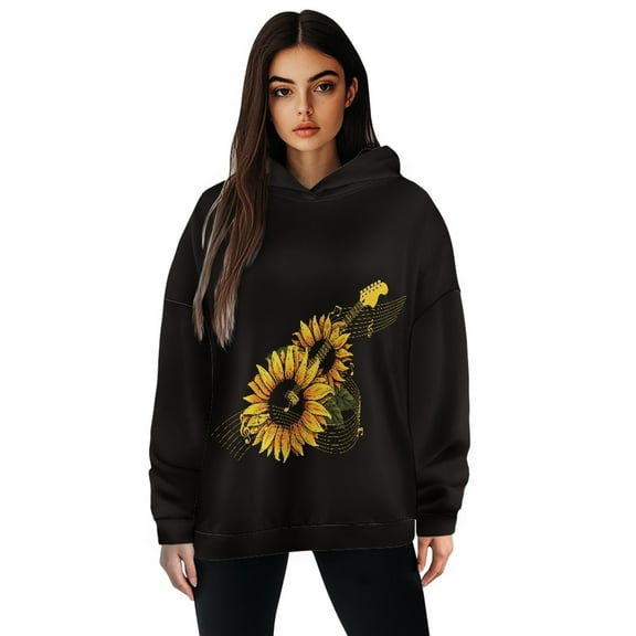 SCRAWLGOD Music Sunflower Hoodies for Women Pullover Graphic Sweaters for Women Trendy Lightweight Ladies Pullover Hoodie Crewneck Oversized Sweatshirt for Women Size 2XL for Vacation