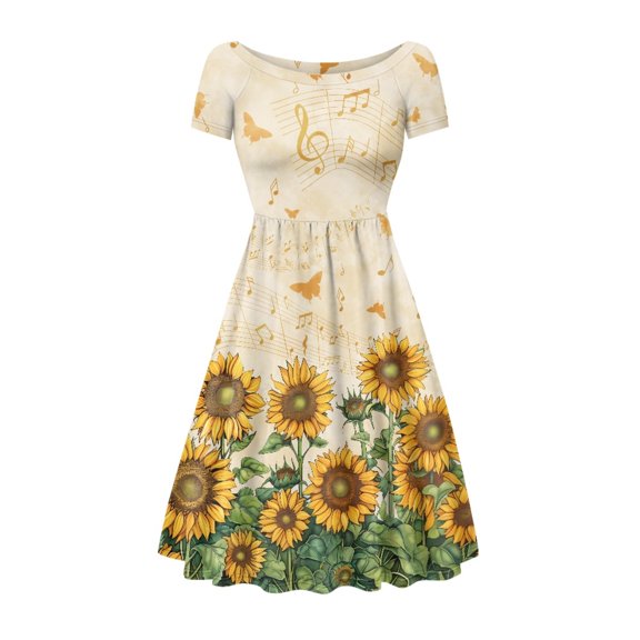 SCRAWLGOD Music Sunflowers Butterflies Dress for Women Dresses Summer Midi Skater Dress with Short Sleeves Comfortable with Round Neck for Vacations Size S