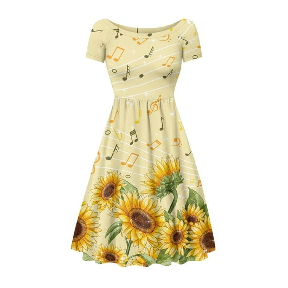SCRAWLGOD Music Sunflowers Dresses for Women Dress Summer Casual Dress Midi Length Breathable Skater Dress with Sleeves Round Neck Women's Dresses Casual Size 3XL for Picnic