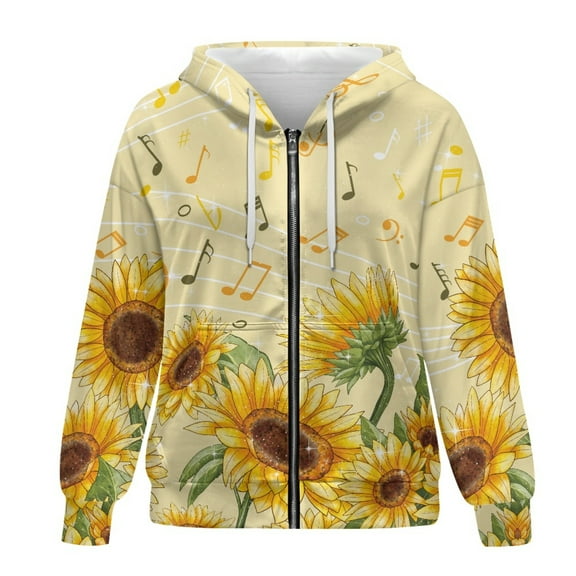 SCRAWLGOD Music Sunflowers Womens Zipper Hoodies for Women Oversized Sweatshirt Long Sleeve Zippered Hoodies for Women Graphic Size M Casual Activewear Women Jacket for Vacation