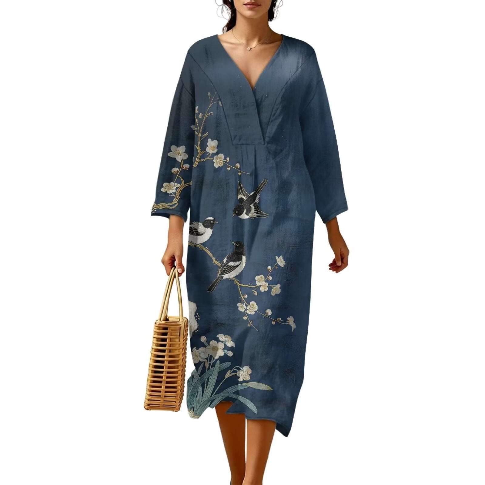 blue dress with bird print SCRAWLGOD Navy Flower Womens Casual Midi 3/4 Sleeve V-Neck Loose Linen Texture Dresses for Beach Dress, Travel, Holiday, 3XL Linda Lace-Up Glitter Sequin Square neck with ruffle Evening DressesFormal Dance Size:10.5 Wide