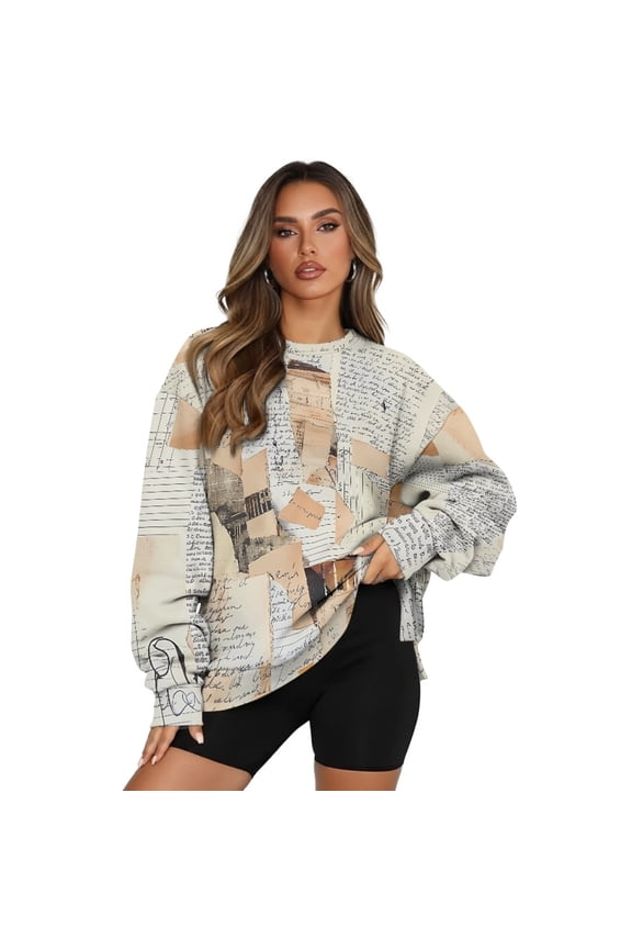 Newspaper Print Beige Womens Casual Sweatshirts Long Sleeve Round Neck Sweatshirt Tops with Pocket Fashion Oversized Comfy Clothing for Daily Wear, M
