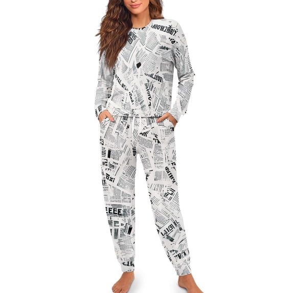 SCRAWLGOD Newspaper Print Women's Pajama Sets Long Sleeve Pullover Top and Full-Length Bottom with Pockets Drawstring, Soft Lounge Set Pockets 2 Piece Outfits Clothing, S