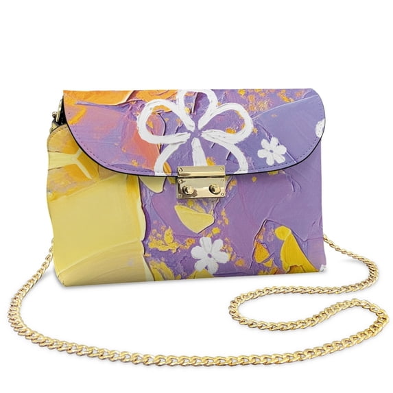 SCRAWLGOD Oil Painting Floral Print Yellow Violet Crossbody Bags for Women Trendy PU Leather Small Crossbody Purses Shoulder Handbags with Detachable Strap