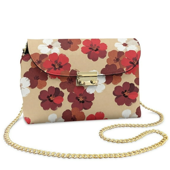 SCRAWLGOD Oil Painting Style Floral Print Red Beige Small Crossbody Bag for Women Casual Leather Crossover Shoulder Bag Women's Cross Body Handbag with Anti-Theft Zipper