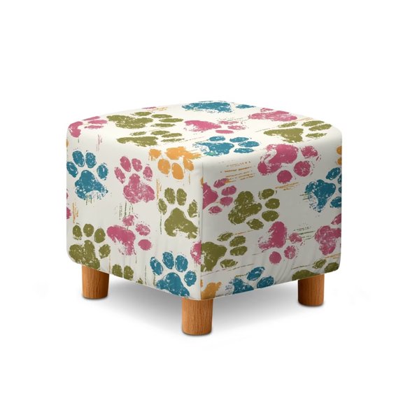 SCRAWLGOD Oil Painting Style Paws Print Beige Stretch Ottoman Cover, Ottoman Slipcover Square, Washable Storage Foot Stool Cover with Elastic Bottom for Living Room Removable