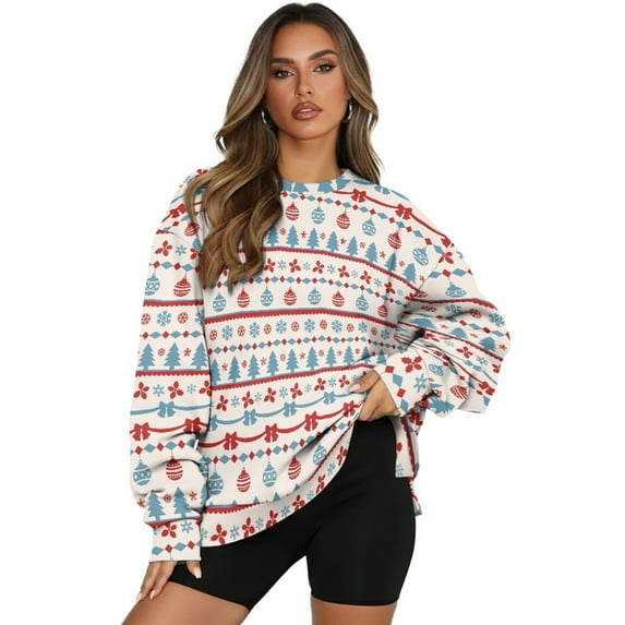 SCRAWLGOD Ornament Ball Christmas Tree Beige Pullover Sweatshirts for Women Long Sleeve Round Collar Sweatshirt Comfortable Casual Pullovers Drop Shoulder Loose Fit Clothes with Pockets, L
