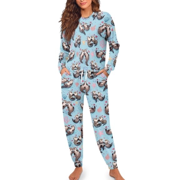SCRAWLGOD Otter Coral Starfish Blue Women's Pajama Set Pullover Cozy Lounge Sets Lightweight Long Sleeve Sleepwear Casual Soft 2 Piece Pjs with Pockets & Elastic Band, XL