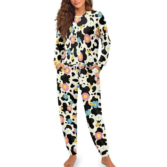 SCRAWLGOD Pajama Set for Women Long Sleeve 2 Piece Women's Pjs Set Casual Pullover Lounge Sleepwear Fall Crew Neck Loungewear Comfy Top and Pants, Daisy Floral Cow Print Beige Black, S
