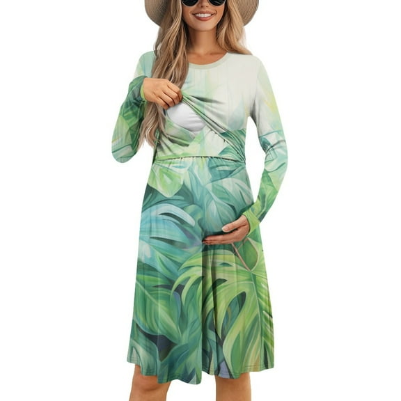 SCRAWLGOD Palm Leaf Nursing Dresses Breastfeeding Long Sleeve Maternity Dress for Women Crewneck Pregnancy Dresses for Baby Shower Size M Elastic Swing Dress for Women Midi