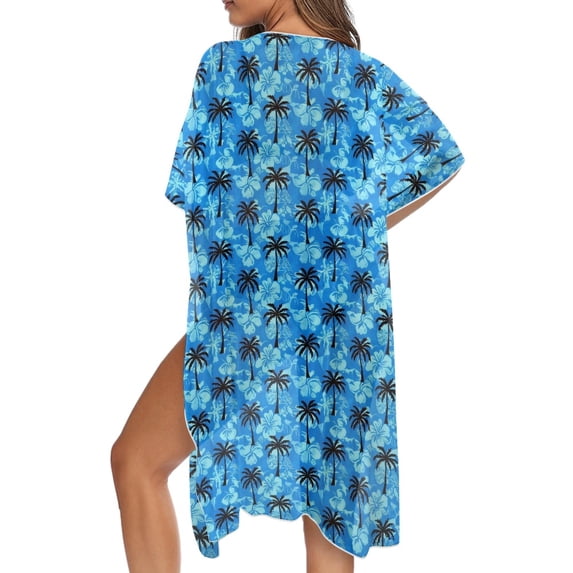 SCRAWLGOD Palm Tree Hibiscus Print Womens Swimsuit Coverup Open Front Long Bathing Suit Cover Up Soft Breathable Beach Cover Up for Summer