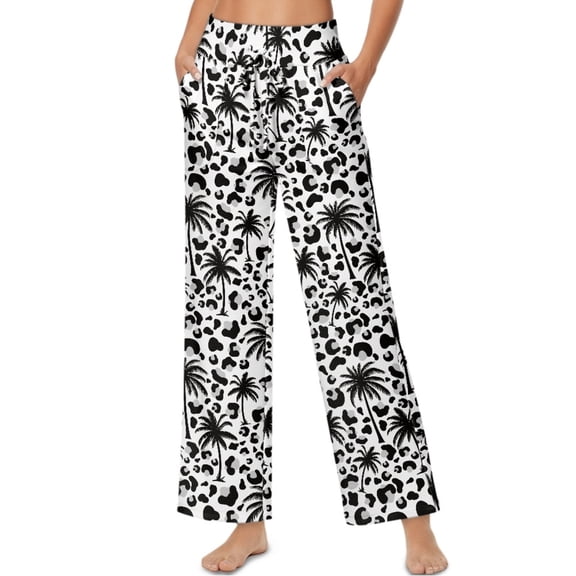 SCRAWLGOD Palm Tree Leopard Print Black White Women's Palazzo Trousers Pants High Waisted Casual Long Pants Comfortable Stretchy Wide Leg Slacks with Side Pockets, XXL