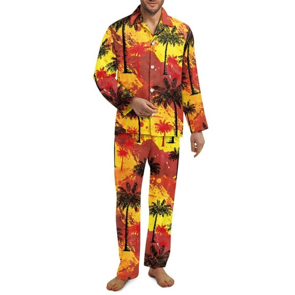 SCRAWLGOD Palm Tree Splash Red Yellow Mens Pajamas Set, 2 Pack Comfortable Notch Collar Pajamas for Men, Lightweight Long Sleeve Mens Sleepwear with Pockets & Elastic Band, M