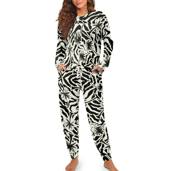 SCRAWLGOD Palm Tree Zebra Print Women's 2 Pieces Pajama Sets Lightweight Cozy Long-Sleeve Crewneck Top and Full-Length Wrinkle-Free Drawstring Bottom with Elastic Band, L