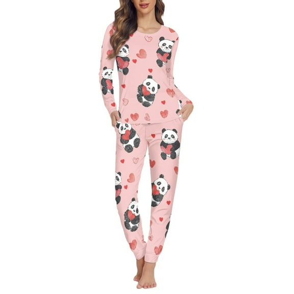 SCRAWLGOD Panda Heart Women's Pajamas Long Sleeve Pjs for Women Set Fall Clothing Size M Crewneck Ladies 2 Piece Pajama Set Soft Nightwear Set Women