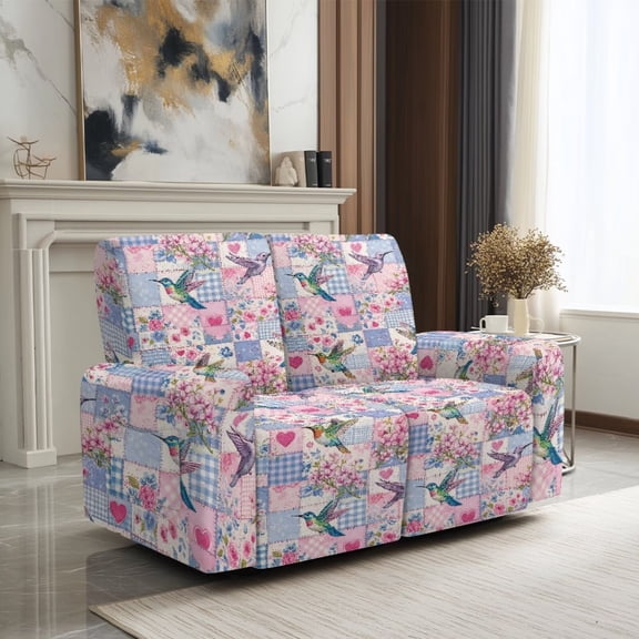 SCRAWLGOD Patchwork Hummingbird Floral Print Reclining Cover for Pets Washable 2 Seater Recliner Cover with Pockets Anti Scratch Non Slip Reclining Slipcover