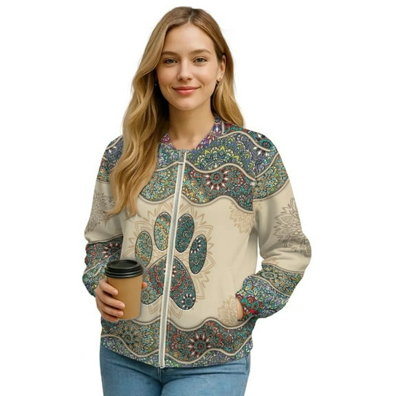 SCRAWLGOD Paw Bohemia Mandala Print Beige Women's Zip Up Lightweight Jacket Casual Long Sleeve Outerwear Comfortable Fashion Hoodless Crewneck Sweatshirts with Pockets, L