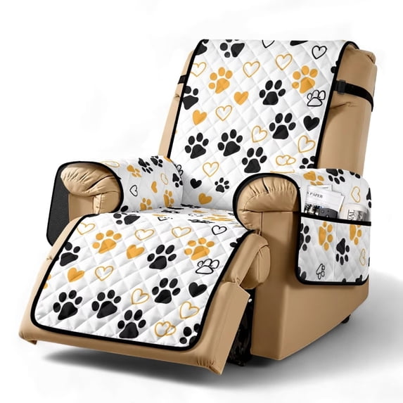 SCRAWLGOD Paw Heart Print Recliner Chair Cover Washable Breathable Recliner Chair Cover with Pocket Non Slip Anti Scratch Reclining Slipcover for Dogs