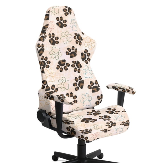 SCRAWLGOD Paw Leopard Print Beige 4 PCS Gaming Chair Cover with Armrest Slipcovers Soft Stretchable Washable Computer Chair Seat Slipcovers Cat Scratch Proof