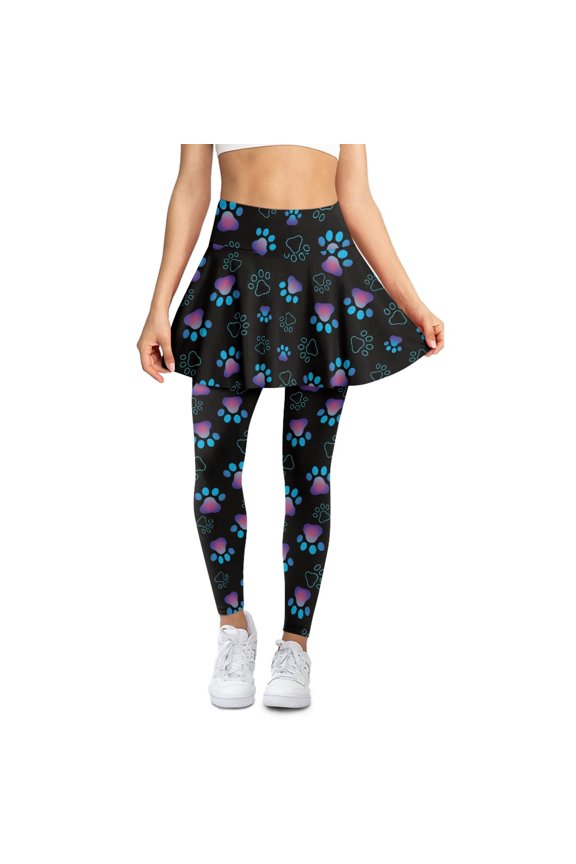 Paws Blue Violet Gradient Trendy Women's Skirted Leggings with Pocket Stylish Breathable Athletic Skorts Leggings Comfortable Stretchy Running Tennis Clothing, S