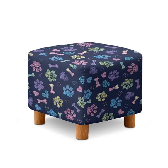 SCRAWLGOD Paws Bone Heart Print Navy Blue Stretch Ottoman Cover Square Ottoman Cover Slipcover Soft Footrest Stool Covers, Removable Anti-Slip Footstool Protector Covers for Living Room