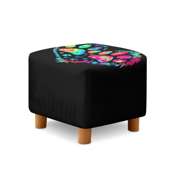 SCRAWLGOD Paws Heart Print Black Ottoman Cover Square, Stretch Ottoman Cover, Anti Dust Ottomans Slipcover Square Washable Foot Stool Covers with Elastic Bottom
