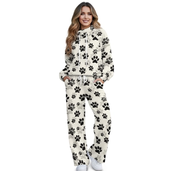 SCRAWLGOD Paws Print Black Beige Lounge Sets for Women Sweatsuit Turtleneck 2 Piece Outfits Sweatshirt Wide Leg Sweatpants Fashionable Tracksuit Matching Set, M