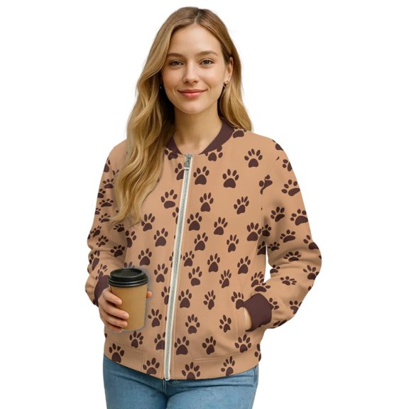 SCRAWLGOD Paws Print Brown Womens Zip Up Long Sleeve Sweatshirt Jacket Comfy Lightweight Casual Loose Coats With Pockets Hoodless Fall Winter Jackets with Pockets, L