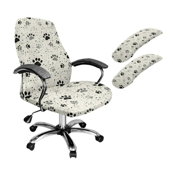 SCRAWLGOD Paws Spots Beige 3 Pcs Set Removable Office Chair Cover with Armrest Protector Stain Resistant Swivel Chair Slipcover Universal High Back Chair Covers, L