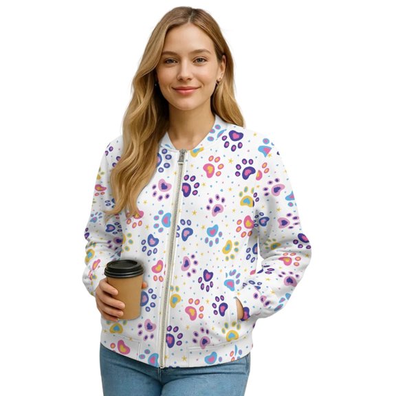 SCRAWLGOD Paws Stars Spot Print White Womens Zip Up Jackets Sweatshirts Long Sleeve Casual Coat Outwear With Pockets Loose Fit Trendy Lightweight Sweatshirts, S