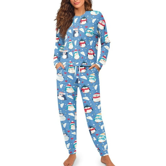 SCRAWLGOD Penguin Pj for Women Sleepwear Long Sleeve and Pants Pajama Set of 2 Size 2XL Drawstring Womens Pajamas Set Trendy Soft Women Lounge Travel Set