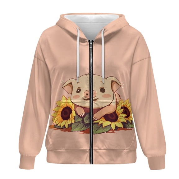 SCRAWLGOD Pig Sunflower Zipper Hoodies for Women Lightweight Hooded Sweatshirt Long Sleeve Streetwear Hoodies Women Walks Soft Women Oversized Sweater Size XL