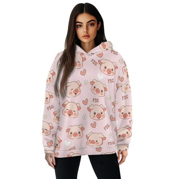 SCRAWLGOD Pigs Cartoon Graphic Hoodies for Women Cute Pullover Long Sleeve Tops for Women Breathable Plus Size 2XL Hoodies for Women Graphic Crewneck Sweater Hoodie Women Running