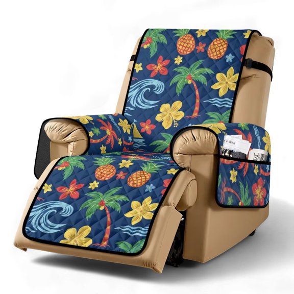 SCRAWLGOD Pineapple Palm Tree Print Recliner Chair Cover Hibiscus Print Non Slip Pet Friendly Recliner Cover Washable Reclining Slipcover with Pocket