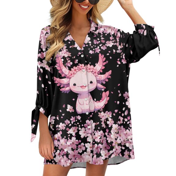 SCRAWLGOD Pink Axolotl 3/4 Sleeve Cardigan Shirt for Women Cherry Blossom Summer Cardigan Shirt for Going Out Size XS Women's Blouses & Button Up Shirts V Neck Shirts
