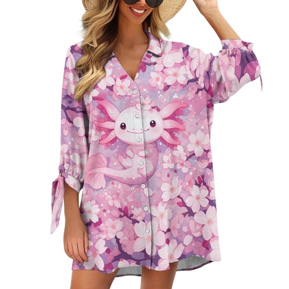 SCRAWLGOD Pink Axolotl 3/4 Sleeve Cardigan Shirt for Women Cherry Blossom Summer Cardigan for Women T Shirt Cardigan Size S V Neck Button Up Work Blouse Tops