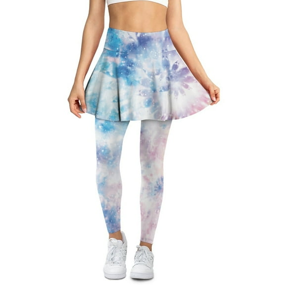 SCRAWLGOD Pink Blue Tie-Dye Fashionable Tennis Skirt with Leggings for Women Full Length Elastic Athletic Skorts Leggings with Pocket High Waist Yoga Clothing, XL
