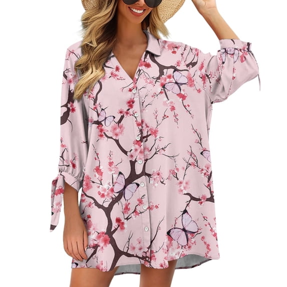 SCRAWLGOD Pink Cherry Blossom Cardigan Shirt 3/4 Sleeve Oversize Womens Blouses Summer Tops for Going Out Size 2XL Cardigan Loose Cover Up Button Down Tops