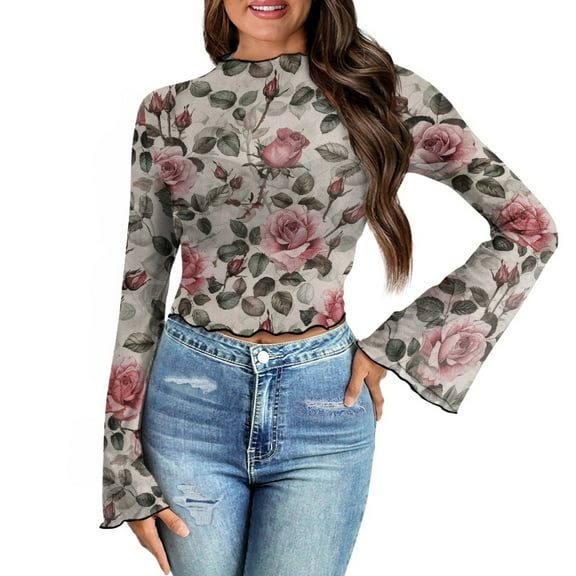 SCRAWLGOD Pink Flower Bell Sleeve Tops for Women Size S Mock Neck Sheer Tops Long Sleeve Slim Shirts for Daily Wear Lettuce Trim Women Bell Sleeve Blouse