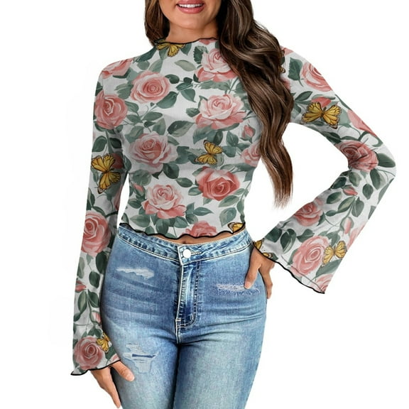 SCRAWLGOD Pink Flower Butterfly Women Bell Sleeve Tops Size M Summer Mock Neck Crop Tops Casual Slim Shirts for Going Out Travel Ladies Long Sleeve Flared Blouse