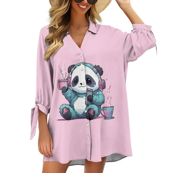 SCRAWLGOD Pink Panda 3/4 Sleeve Cardigan Shirt for Women Purple T Shirt Cardigan for Women Lightweight Button Down Shirts Plus Size Cardigan for Women S