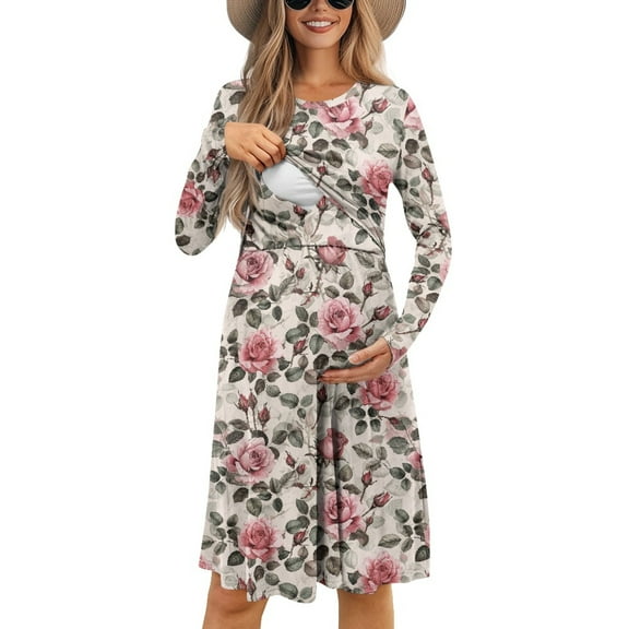SCRAWLGOD Pink Rose Long Sleeve Breastfeeding Dresses for Women Maternity Dress Fall Size 2XL Crewneck Womens Nursing Friendly Dress Loose Midi Pregnancy Dresses for Women Party